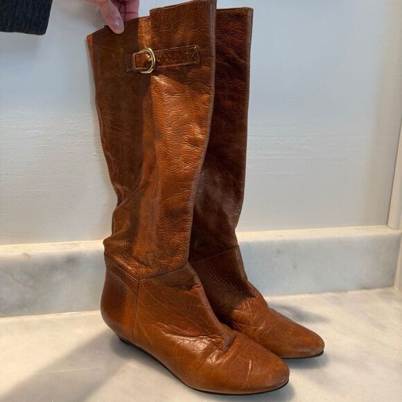 STEVEN by Steve Madden Leather Intyce Low Wedge Riding Boots Tan Size 7M - Picture 4 of 9